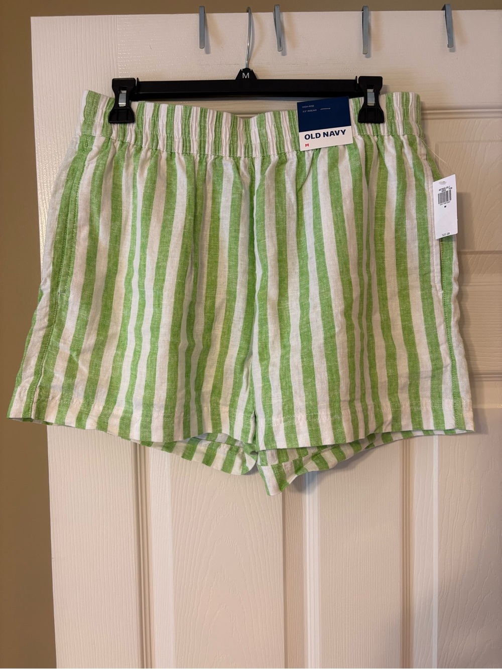 Old Navy Linen Blend Shorts NWT Size M Green White Stripe Pull On Elastic Waist